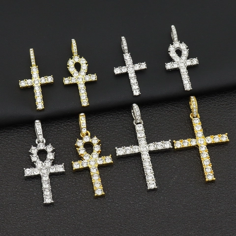 Hip Hop Ankh Cross Pendant Necklace For Men Women Alloy Rhinestone Inlaid Gold Silver Cuban Rope Chain Fashion Jewelry