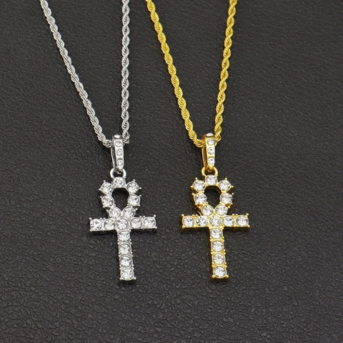 Hip Hop Ankh Cross Pendant Necklace For Men Women Alloy Rhinestone Inlaid Gold Silver Cuban Rope Chain Fashion Jewelry