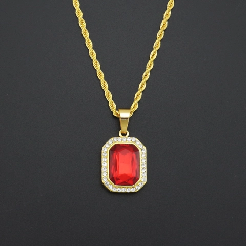 Hip Hop Men Red Stone Pendant Necklace Gold Rope Chain Iced Out Square Zirconia Rhinestone Streetwear Jewelry Accessory