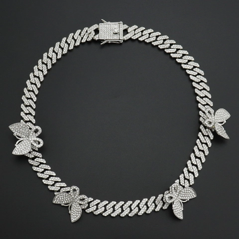 Collana a Maglia Cubana Farfalla Hip Hop Con Strass Incastonati in Lega Pendente Oro Argento Oro Rosa Gioielli Donna Festa