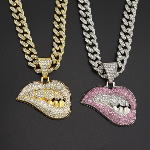Hip Hop Bijtende Lippen Hanger Halsketting Voor Heren Dames Legering Strass Overdreven Mond Tanden Cubaanse Schakel Sieraden