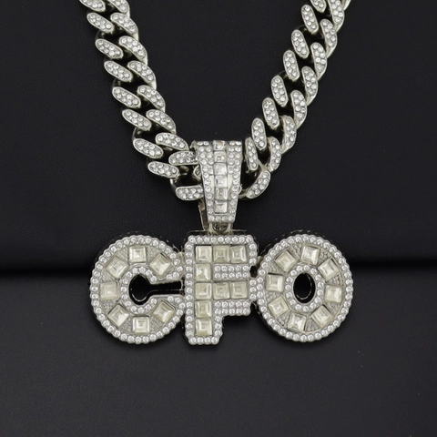 Collana con Ciondolo a Lettera CFO Hip Hop per Uomo Donna Strass Lega Catena Cubana Catena a Corda Gioielli Streetwear