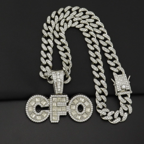 Collana con Ciondolo a Lettera CFO Hip Hop per Uomo Donna Strass Lega Catena Cubana Catena a Corda Gioielli Streetwear