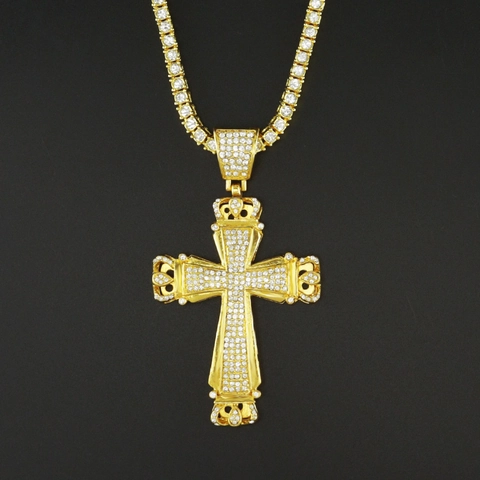 Collana Hip Hop Lussuosa con Ciondolo a Croce in Lega Oro con Strass Intarsiato Design a Corona Gioielli di Moda per Uomo Donna Festa Quotidiana