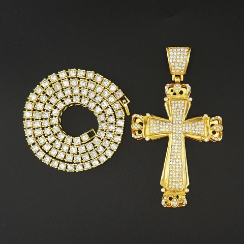 Collana Hip Hop Lussuosa con Ciondolo a Croce in Lega Oro con Strass Intarsiato Design a Corona Gioielli di Moda per Uomo Donna Festa Quotidiana