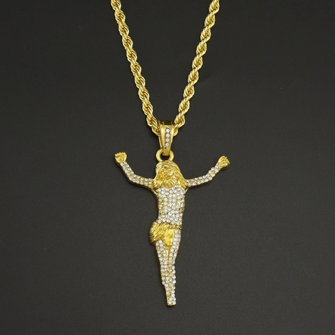 Collana con Pendente a Croce di Gesù con Strass Lega Placcata Oro Crocifisso Catena a Corda Catena Cubana Gioielli Religiosi