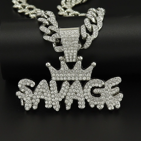 Luxus Hip Hop Krone SAVAGE Buchstaben Anhänger Halskette Für Herren Damen Legierung Iced Out Strass Schmuck Geschenk