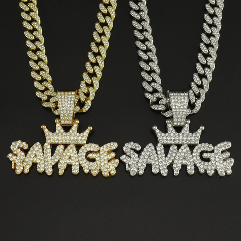 Luxus Hip Hop Krone SAVAGE Buchstaben Anhänger Halskette Für Herren Damen Legierung Iced Out Strass Schmuck Geschenk