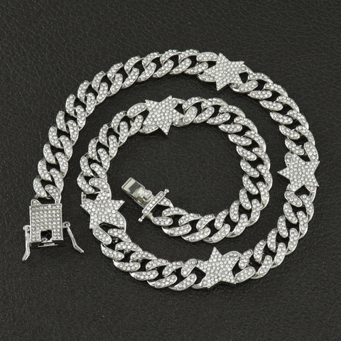 Collana da Uomo Hip Hop Iced Out Catena Cubana in Lega Pendente Stella Strass Gioielli Punk Esagerati Oro Argento