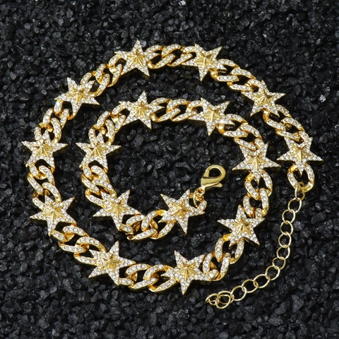 Collana Catena Cubana Pentagramma Hip Hop Strass Stella Pendente Collana in Lega Catena Grossa Gioielli per Uomo Donna