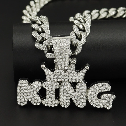 Hip Hop Iced Out King Krone Anhänger Halskette Legierung Strass Kubanische Kette Seilkette Streetwear Schmuck Für Herren Damen