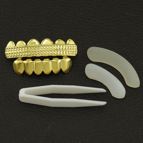 Hip Hop Kupfer Zirkonia Zahnschmuck Obere Untere Zähne Vergoldet Versilbert Gittermuster Körperschmuck Für Herren Damen