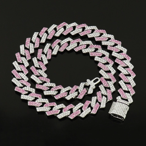 Hip Hop Iced Out Cuban Link Chain Necklace Alloy Rhinestone Inlaid Silver Tone Pink Blue Accents Jewelry For Men Women