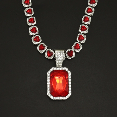 Collar con Colgante de Corazón Rojo de Strass y Aleación de Hip Hop Joyería de Cadena de Eslabones Cubanos Exagerada para Fiesta Unisex