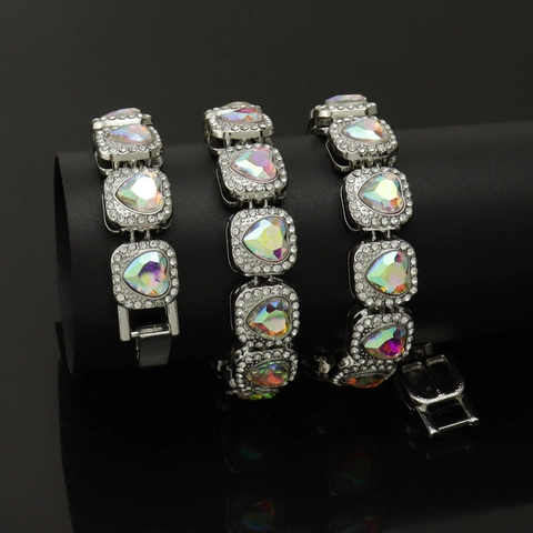 Hip Hop Heart AB Rhinestone Cuban Chain Alloy Crystal Necklace Bracelet For Men Women Jewelry Party Streetwear Gift