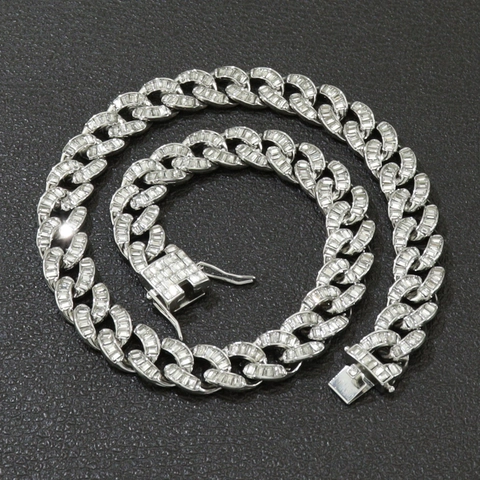 Collana da Uomo Hip Hop Iced Out Con Strass Baguette Catena Cubana in Lega Placcata Oro Argento Gioielli Streetwear