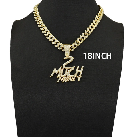 Hip Hop Jewelry Alloy Rhinestone 2 MUCH MONEY Letter Pendant Necklace Gold Silver Iced Out Cuban Chain Streetwear Accessories For Men