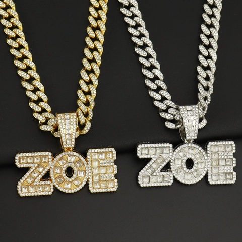 Collana con Ciondolo Corona Lettera ZOE Hip Hop per Uomo Donna Lega Strass Iced Out Catena Cubana Twist Gioielli Street