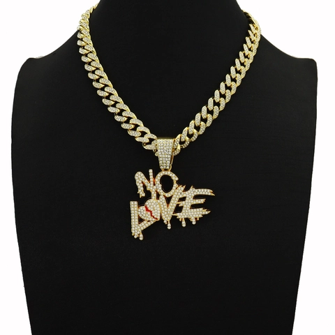 Hip Hop NO LOVE Letter Broken Heart Pendant Necklace Iced Out Alloy Rhinestone Cuban Chain Twist Chain Streetwear Jewelry