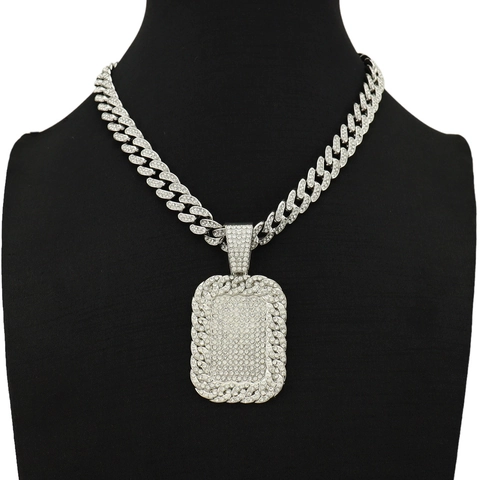 Collier Pendentif Rectangle Iced Out en Alliage de Zircone Hip Hop pour Hommes Maille Gourmette Bijoux Streetwear Or Argent
