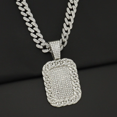 Collier Pendentif Rectangle Iced Out en Alliage de Zircone Hip Hop pour Hommes Maille Gourmette Bijoux Streetwear Or Argent