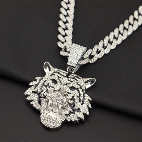 Hip Hop Iced Out Tijgerkop Hanger Halsketting Legering Strass Dierlijk Medaillon Cubaanse Schakelketting Touwketting Mannen Sieraden