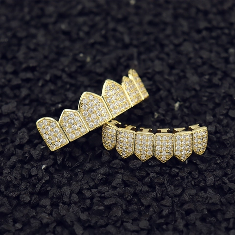 Hip Hop Teeth Grillz Copper Micro Inlaid Zirconia Top And Bottom Teeth Grills For Party Performance Rap Men Women Jewelry