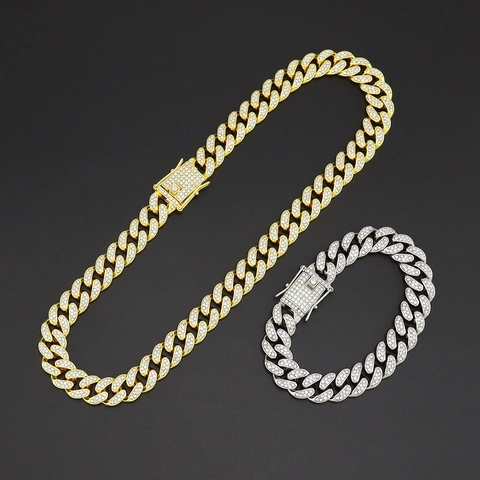Joyería Hip Hop Cadena de Eslabones Cubanos con Diamantes de Imitación para Hombre Mujer Aleación Collar Pulsera de Moda Accesorio de Tendencia