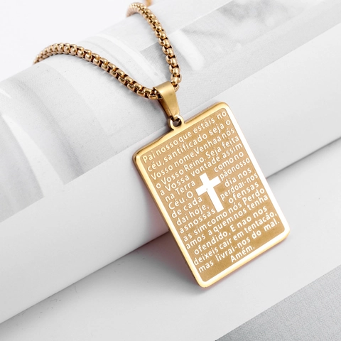 Collar de Colgante de Cruz con Padre Nuestro en Portugués de Acero Inoxidable para Hombre Mujer Joyería Religiosa Regalo
