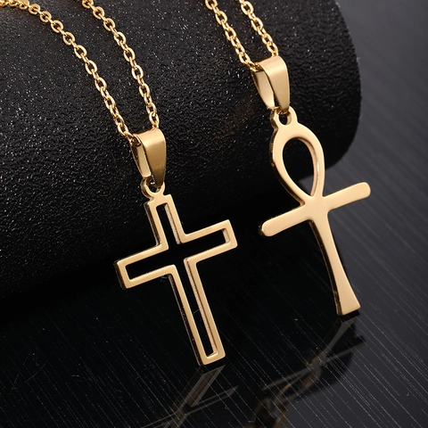 Collier Pendentif Croix en Acier Inoxydable pour Hommes Femmes Unisexe Symbole Ankh Géométrique Bijoux Électroplaqués Cadeau