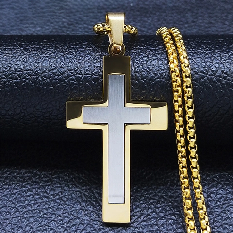 Doppelschicht Kreuz Anhänger Halskette Edelstahl Zweifarbig Box Kette Für Herren Damen Punk Nischen Design Schmuck Zubehör