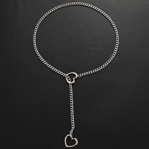Stainless Steel Y Necklace Heart Lock Pendant Adjustable Cuban Sliding Chain Punk Hip Hop Jewelry For Women Men