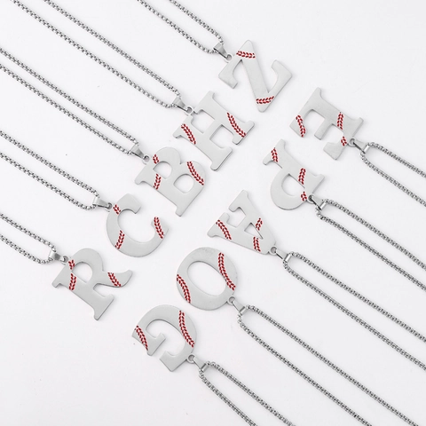 Baseball Theme Stainless Steel 26 Initial Letter Pendant Necklace Hip Hop Sporty Alphabet Streetwear Jewelry For Men Women