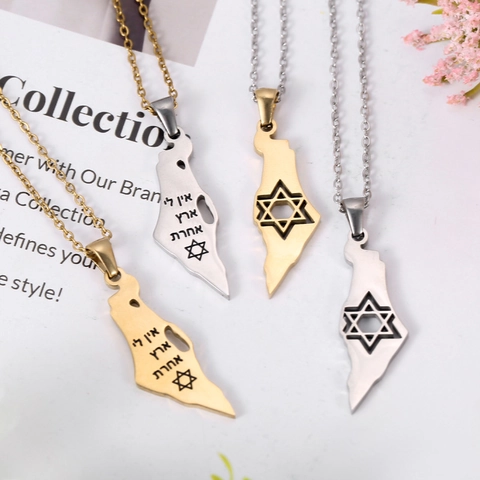 Collana con Pendente Mappa Israele Palestina Acciaio Inossidabile Scritta Ebraica Stella di David Gioielli Geometrici Unisex