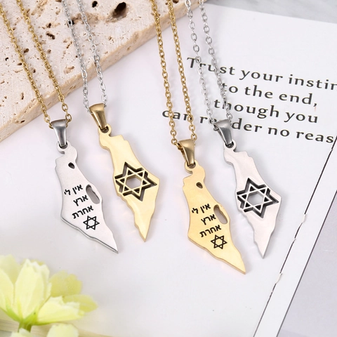 Collana con Pendente Mappa Israele Palestina Acciaio Inossidabile Scritta Ebraica Stella di David Gioielli Geometrici Unisex