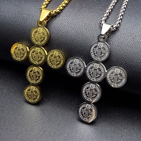 Stainless Steel St Benedict Medal Cross Pendant Necklace For Men Women Hip Hop Religious Jewelry Round Box Chain Gift