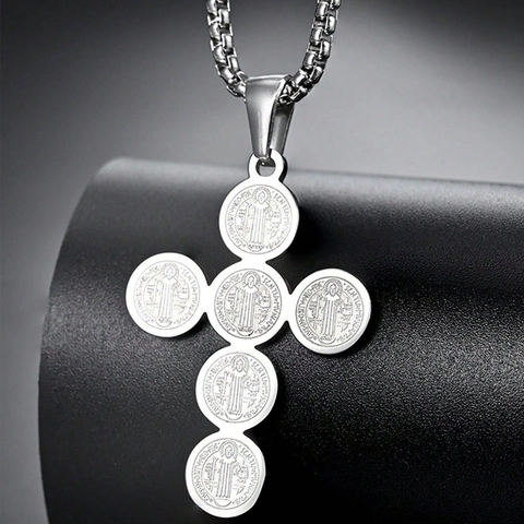 Stainless Steel St Benedict Medal Cross Pendant Necklace For Men Women Hip Hop Religious Jewelry Round Box Chain Gift