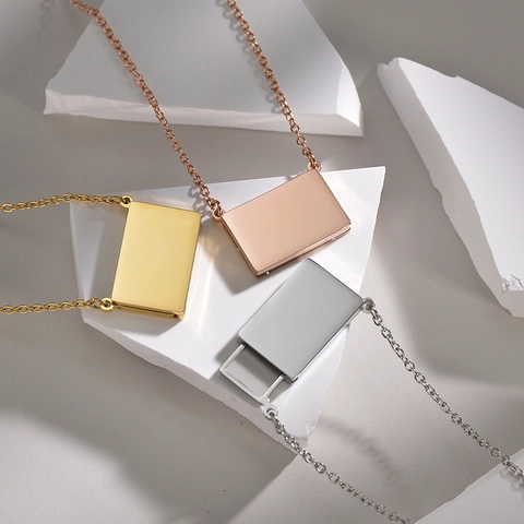 Minimalist Stainless Steel Envelope Slide Pendant Necklace Individual Mirror Polished Secret Message Box Choker For Couples Jewelry
