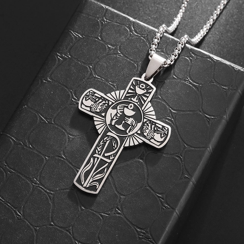 Collar de Colgante de Cruz Religiosa de Acero Inoxidable Vintage Diseño de Relieve del Santo Grial Joyería para Hombres Mujeres Iglesia