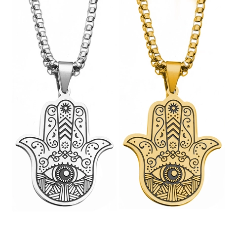 Vintage Edelstahl Hand Der Fatima Halskette Für Damen Herren Geätztes Böser Blick Horus Anhänger Retro Schmuck Geschenk