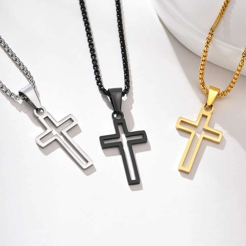 Collana con Ciondolo a Croce Traforata in Acciaio Inossidabile Hip Hop Catena Box Gioielli Moda per Uomo Donna Accessori Religiosi