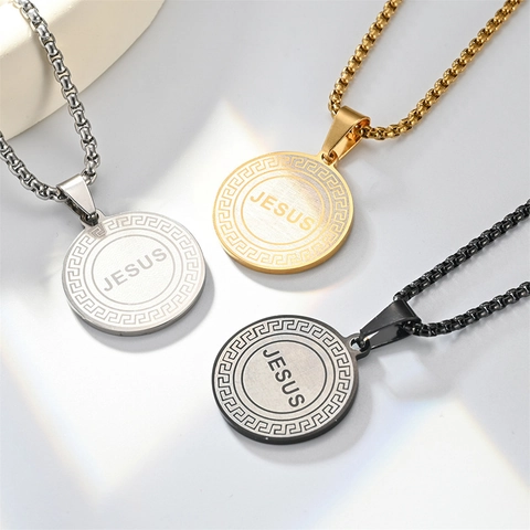 Fashion Stainless Steel Jesus Pendant Necklace Men Women Hip Hop Greek Key Pattern Round Charm Necklace Religious Jewelry