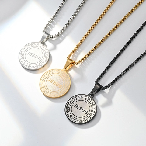 Fashion Stainless Steel Jesus Pendant Necklace Men Women Hip Hop Greek Key Pattern Round Charm Necklace Religious Jewelry