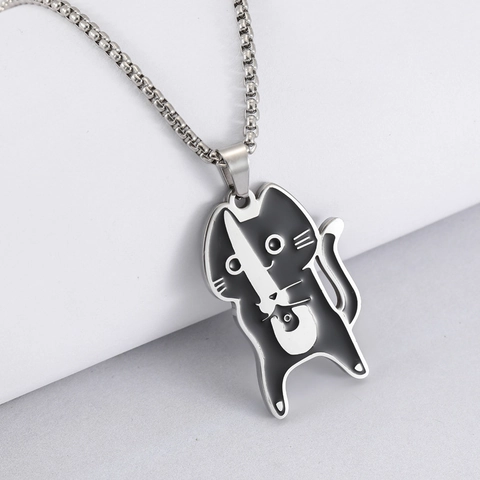 Funny Cartoon Cat Holding Knife Pendant Necklace Stainless Steel Enamel Niche Design Jewelry Gift For Men Women