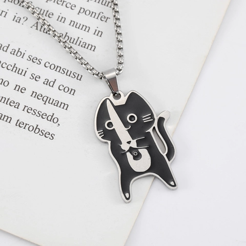 Funny Cartoon Cat Holding Knife Pendant Necklace Stainless Steel Enamel Niche Design Jewelry Gift For Men Women