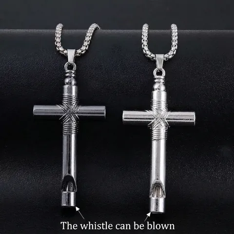 Collier Sifflet Croix en Acier Inoxydable Vintage pour Hommes Femmes Pendentif Fonctionnel Soufflable Personnalisé Bijoux Gothiques