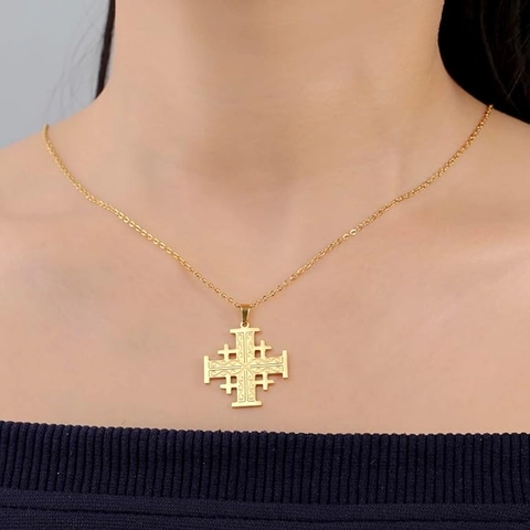 Collar Vintage de Acero Inoxidable con Cruz de Jerusalén para Mujer Colgante Religioso Grabado Joyería Regalo de Bautizo