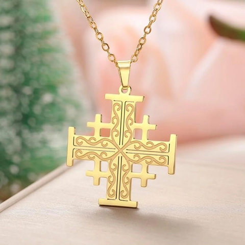 Collar Vintage de Acero Inoxidable con Cruz de Jerusalén para Mujer Colgante Religioso Grabado Joyería Regalo de Bautizo