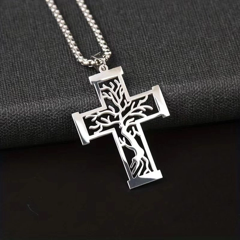 Collar De Colgante De Cruz De Árbol De La Vida Hueco De Acero Inoxidable Joyería Religiosa Vintage Para Hombres Mujeres Regalo