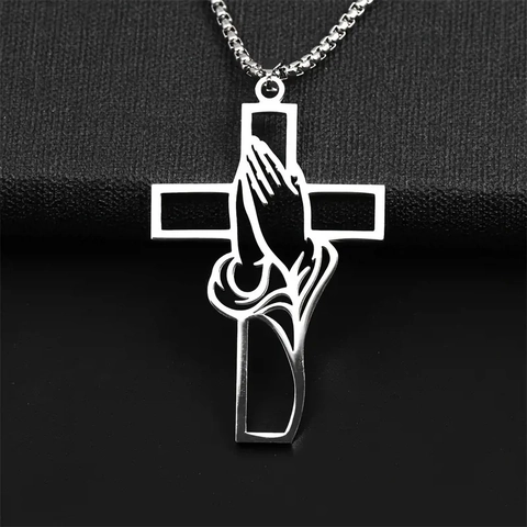 Collar Con Colgante de Cruz de Manos en Oración de Acero Inoxidable para Hombre Joyería Religiosa Plata Cadena de Caja